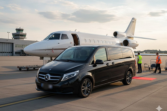 Van Mercedes noir devant un jet privé sur le tarmac